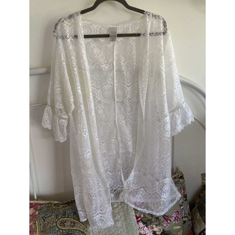 Women's White Ivory Lace Open Front Kimono Duster Coverup Boho Beach Coastal OS